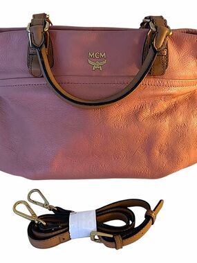 MCM Pink Leather Shoulder Bag with Tan Strap and Gold Hardware